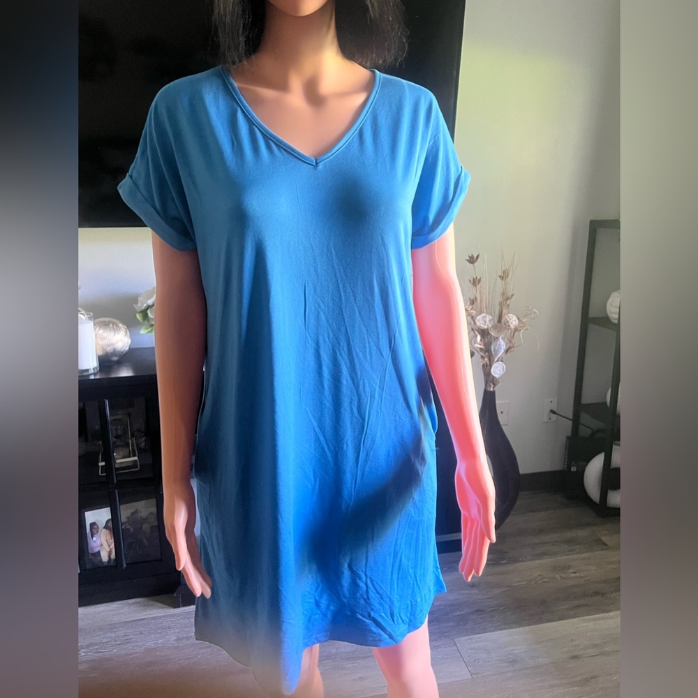 Chic Cap Sleeve V-Neck Blue Mini Dress - Picture 6 of 8